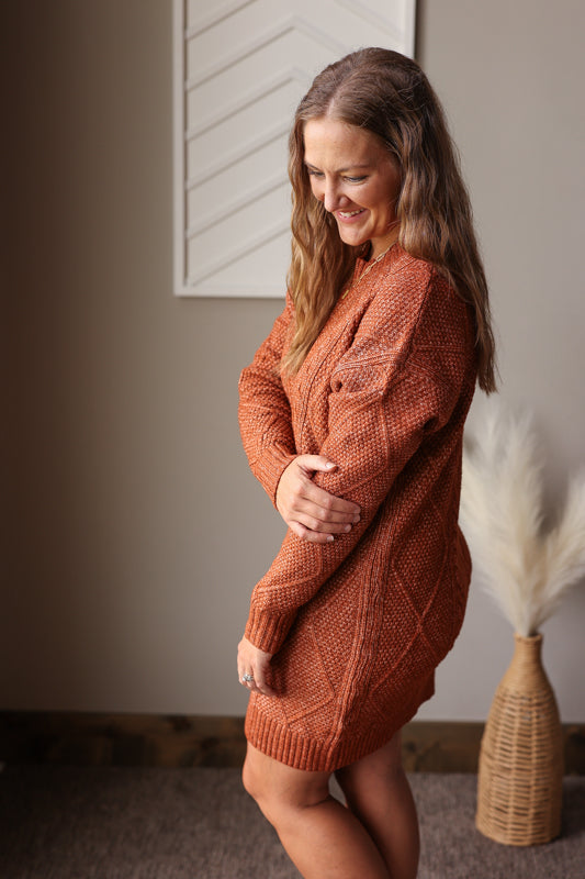 Coffee Cable Knit Sweater Dress