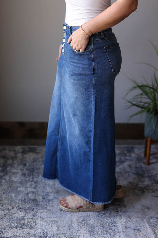 Maxine Button Fly Long Denim Skirt, S-3XL PLUS