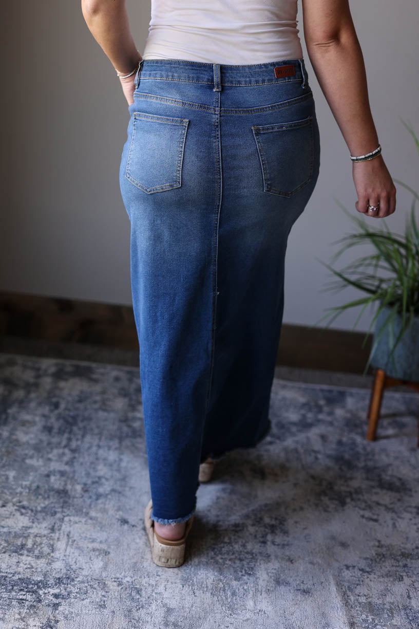 Maxine Button Fly Long Denim Skirt, S-3XL PLUS