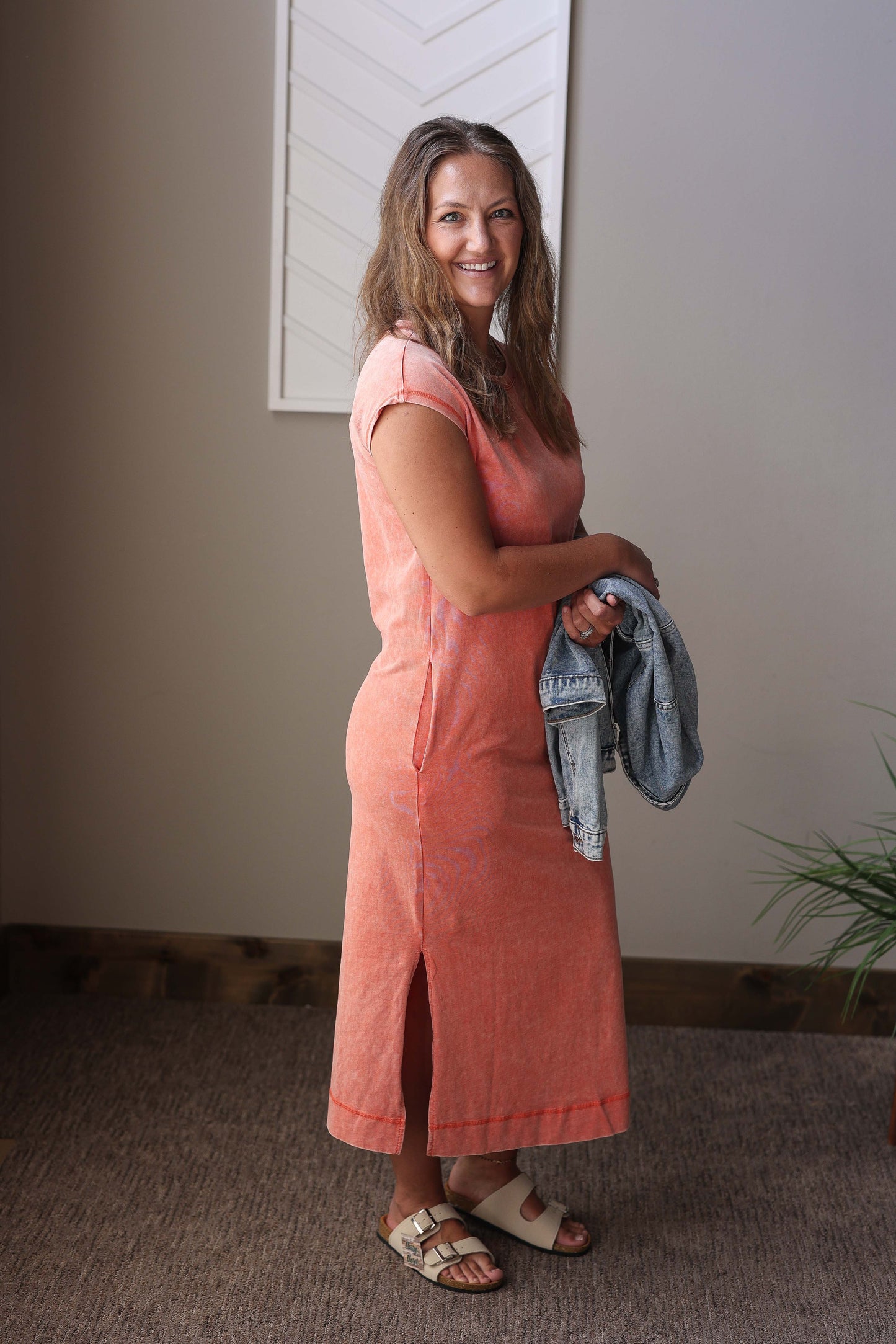 Coral Mineral Wash Pocketed Maxi Dress