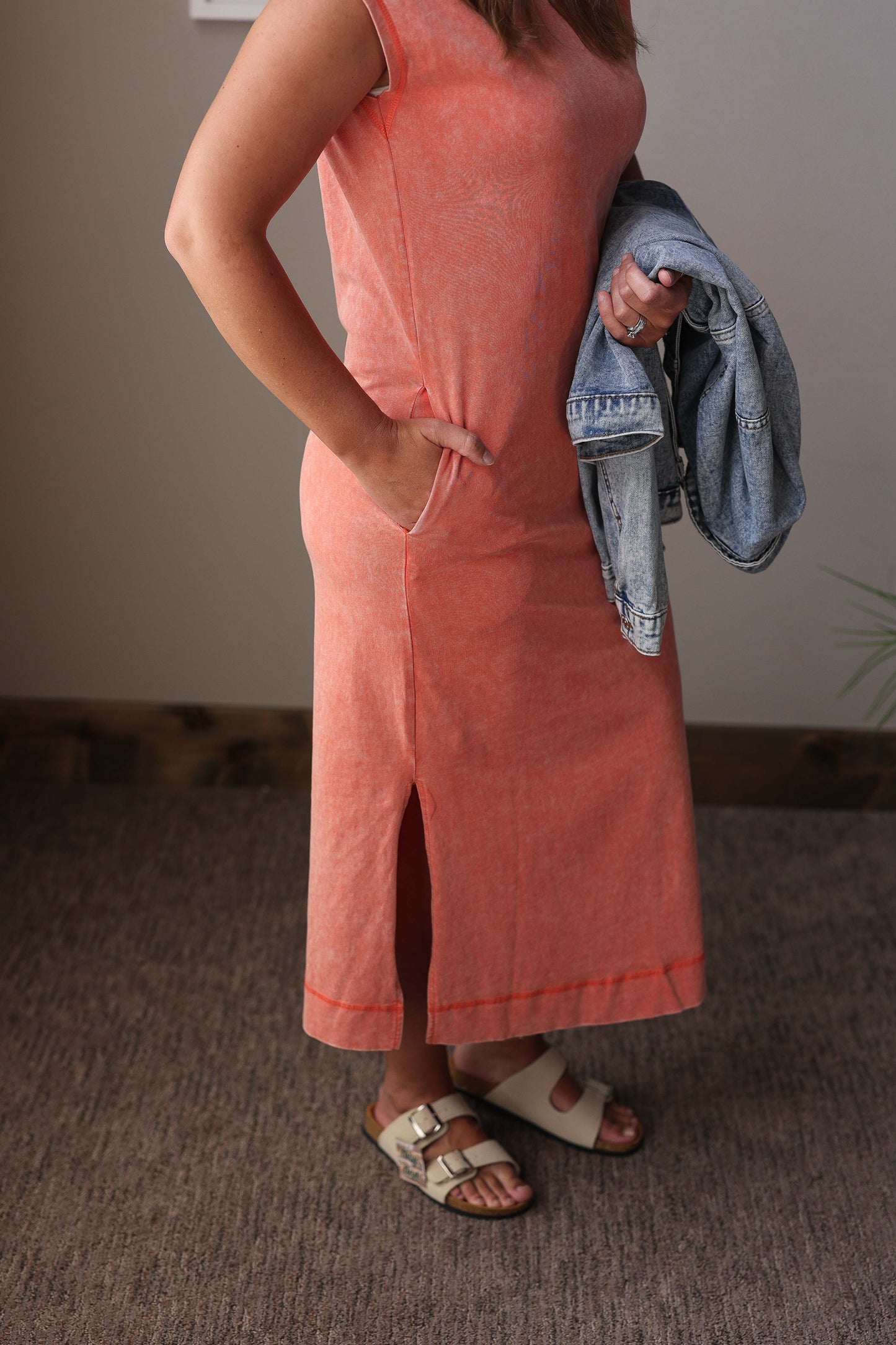 Coral Mineral Wash Pocketed Maxi Dress
