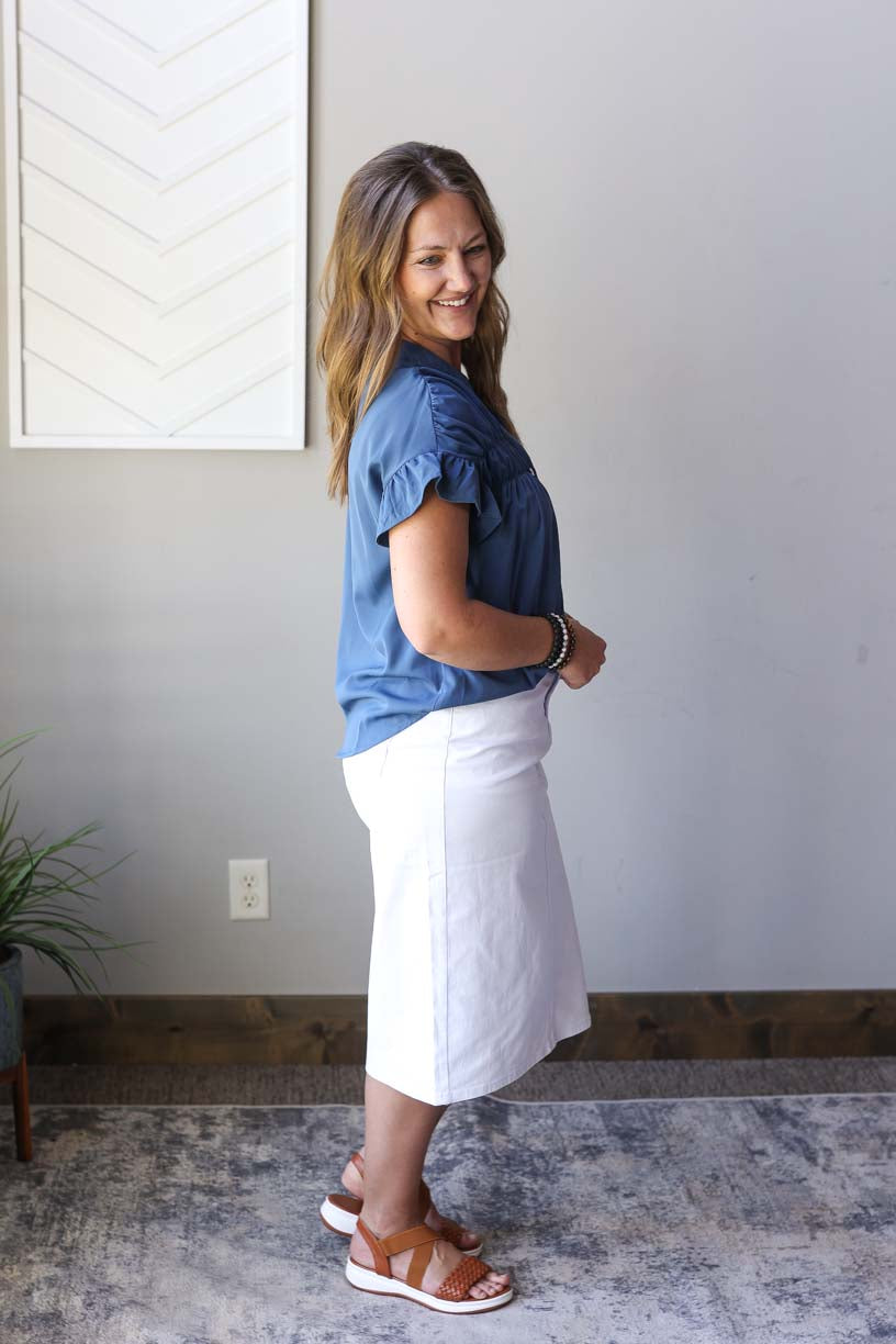 Dark Blue Ruffle Ruched Short Sleeve Button Up