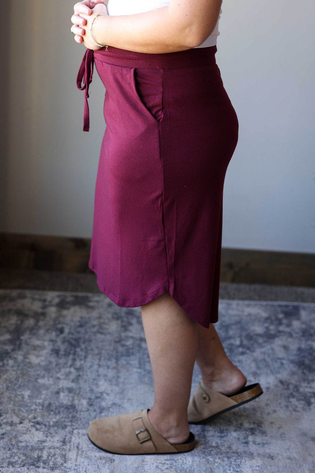 Dark Burgundy Drawstring Tulip Midi Casual Skirt