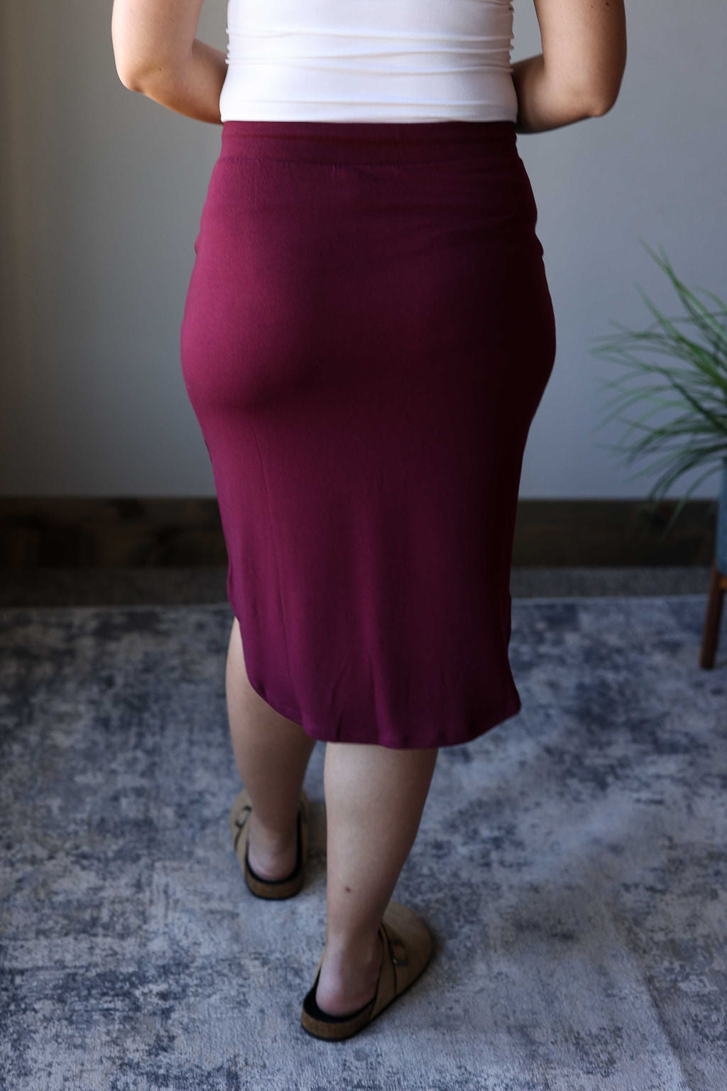 Dark Burgundy Drawstring Tulip Midi Casual Skirt