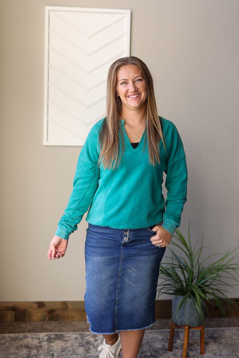 Dark Teal Notched Sweatshirt, S-2XL PLUS
