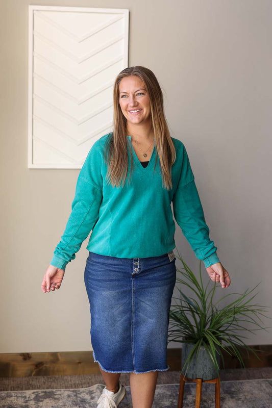 Dark Teal Notched Sweatshirt, S-2XL PLUS