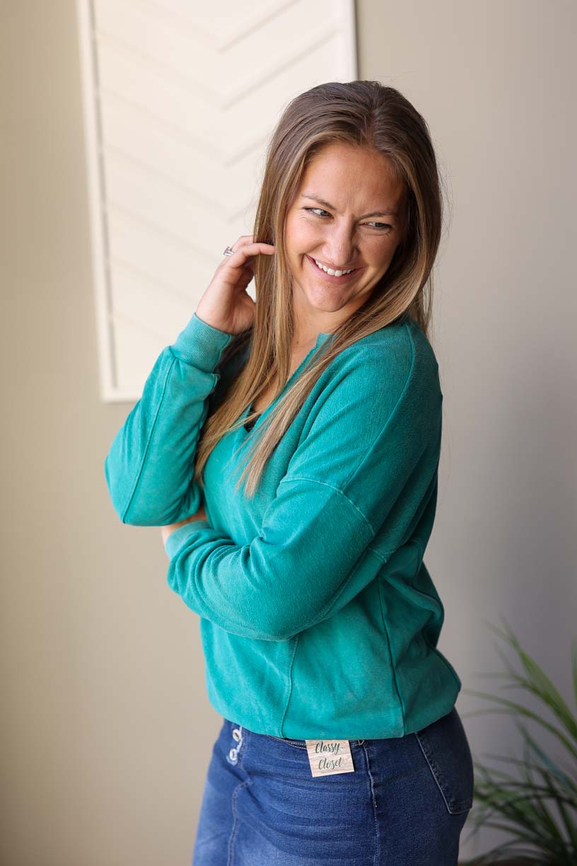 Dark Teal Notched Sweatshirt, S-2XL PLUS
