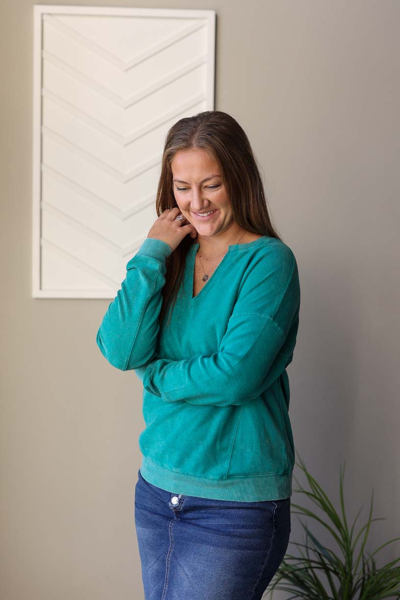 Dark Teal Notched Sweatshirt, S-2XL PLUS