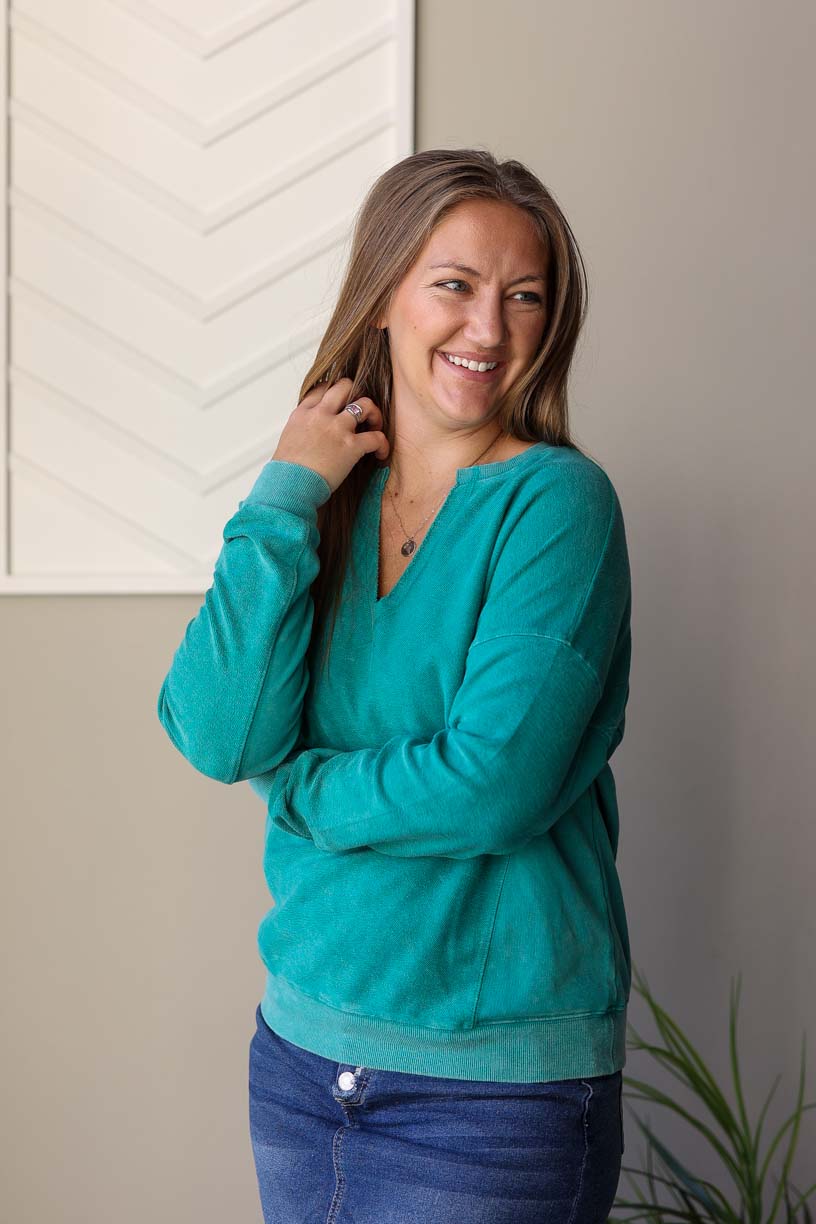 Dark Teal Notched Sweatshirt, S-2XL PLUS