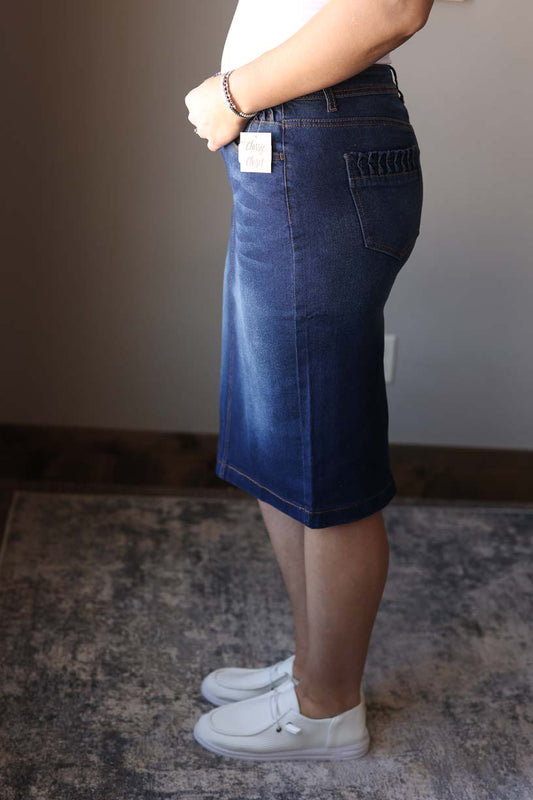 Dark Wash Ruched Stretch Denim Skirt