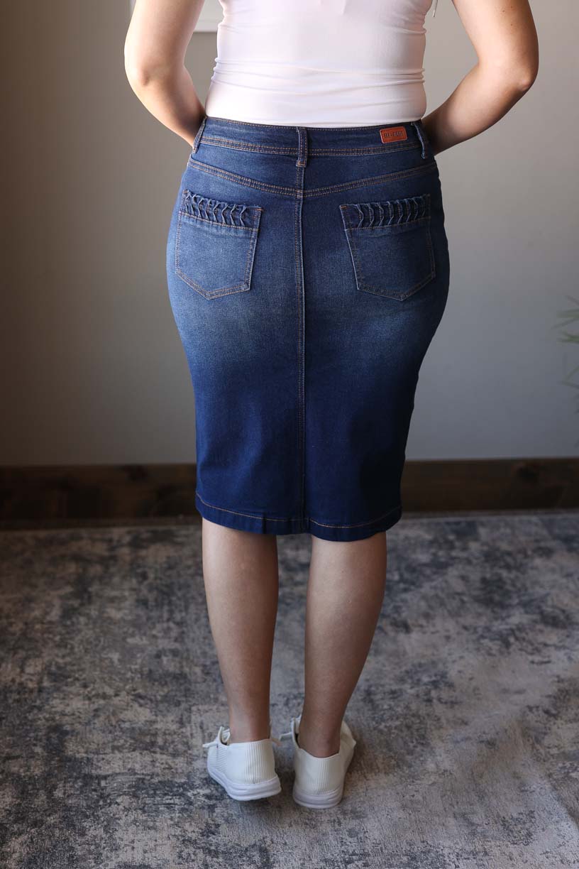 Dark Wash Ruched Stretch Denim Skirt