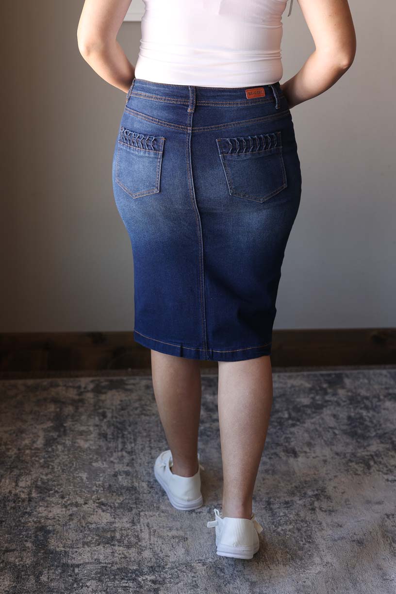 Dark Wash Ruched Stretch Denim Skirt