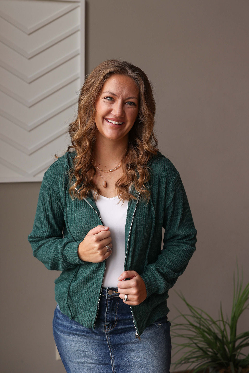 Emerald Ribbed Zip Up Hoodie; L, XL