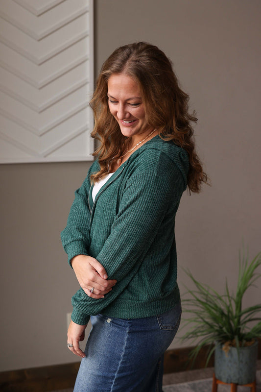 Emerald Ribbed Zip Up Hoodie; L, XL
