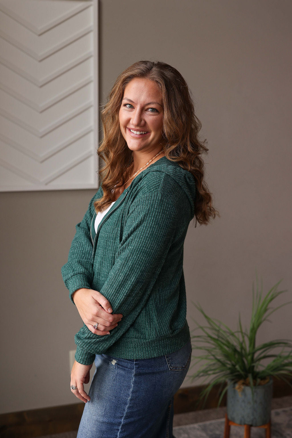 Emerald Ribbed Zip Up Hoodie; L, XL