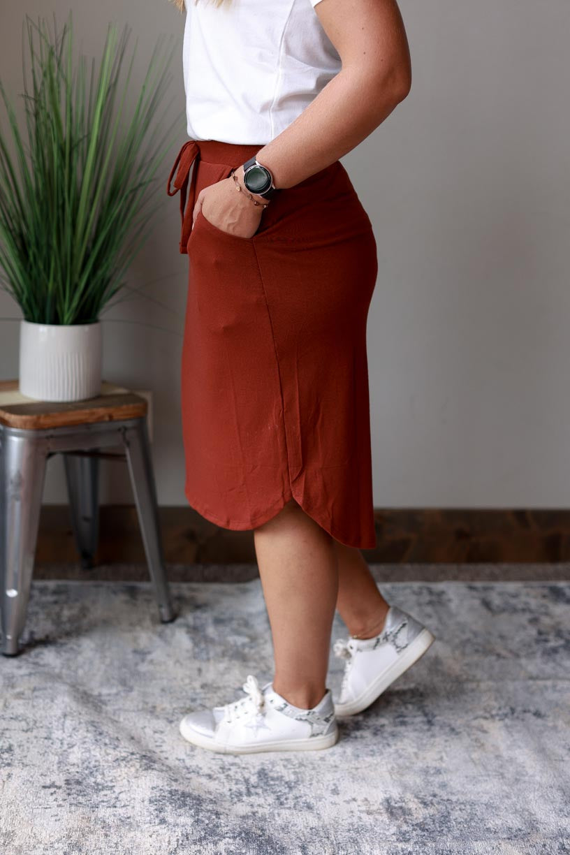 FIred Brick Elastic Waist Drawstring Hi-Low Casual Midi Skirt for Women at Classy Closet Women's Modest Fashion Skirt Store Boutique
