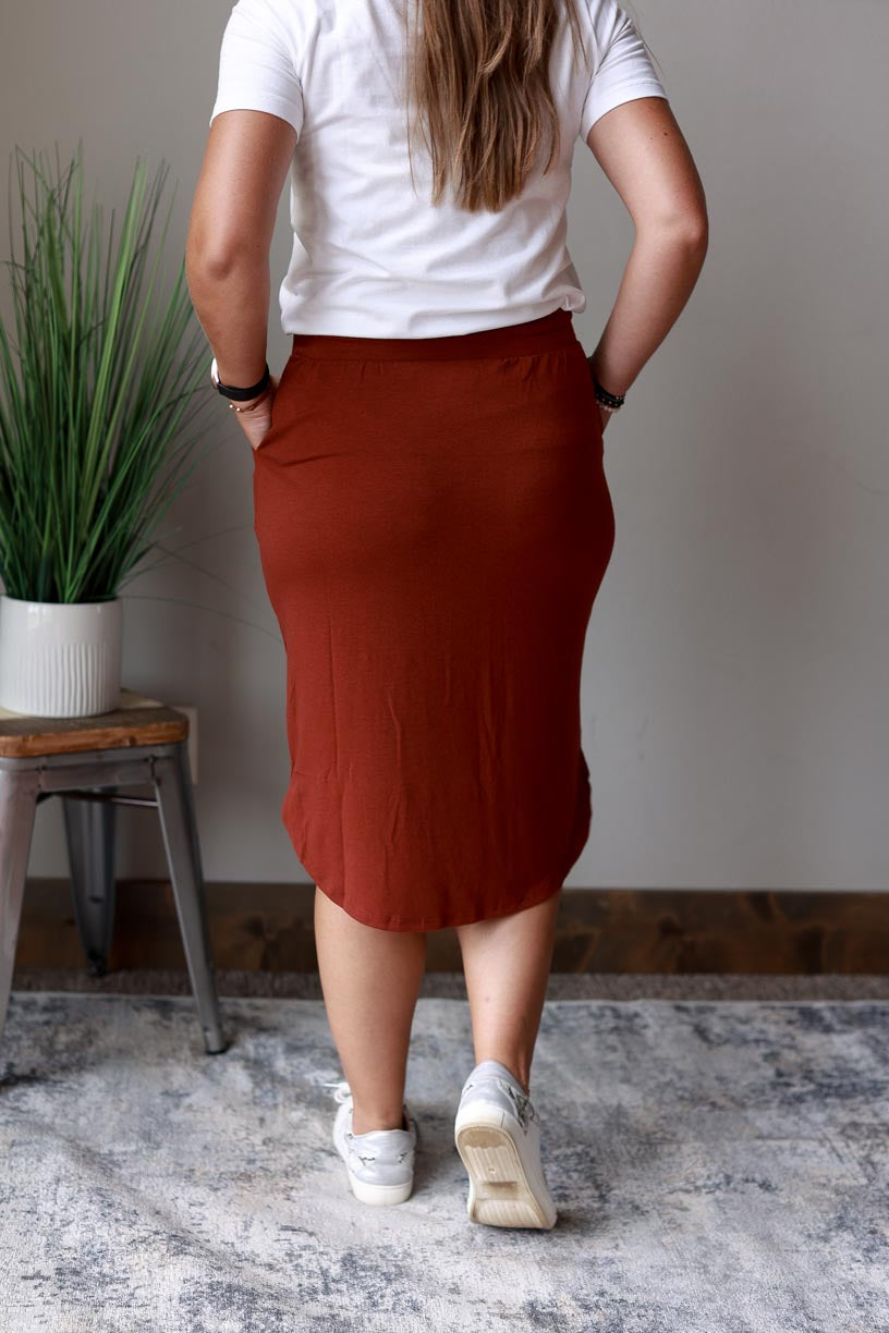 Fired Brick Elastic Waist Drawstring Hi-Low Casual Midi Skirt for Women at Classy Closet Women's Modest Fashion Skirt Store Boutique