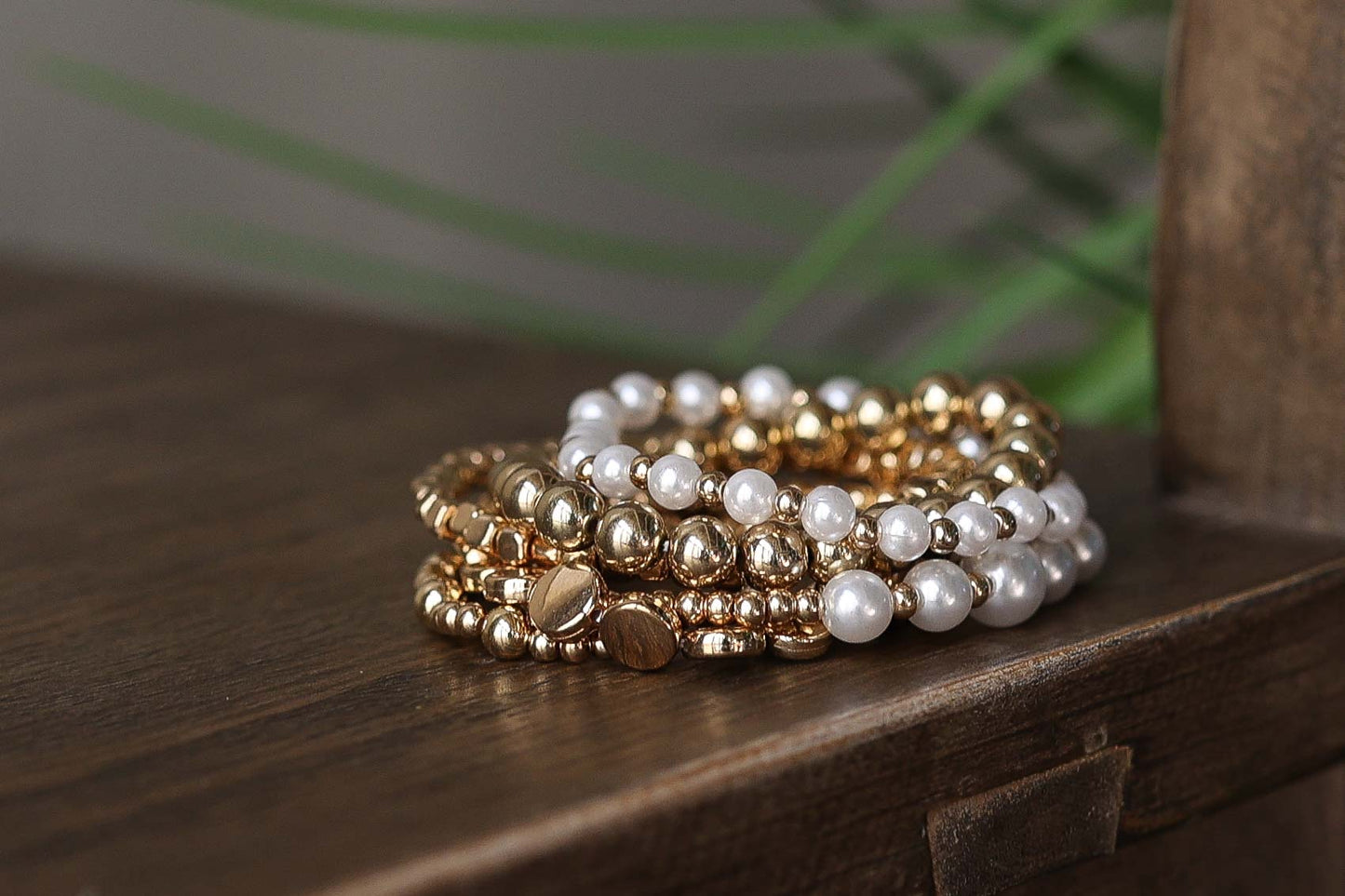 Gold Pearl Beaded Multi Layer Elastic Bracelets