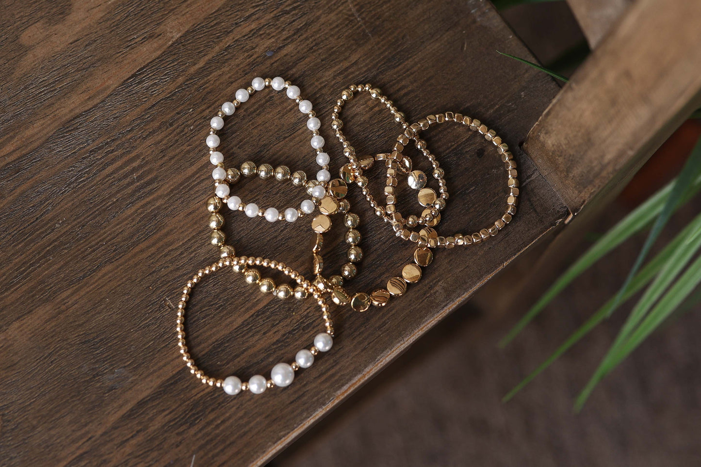 Gold Pearl Beaded Multi Layer Elastic Bracelets