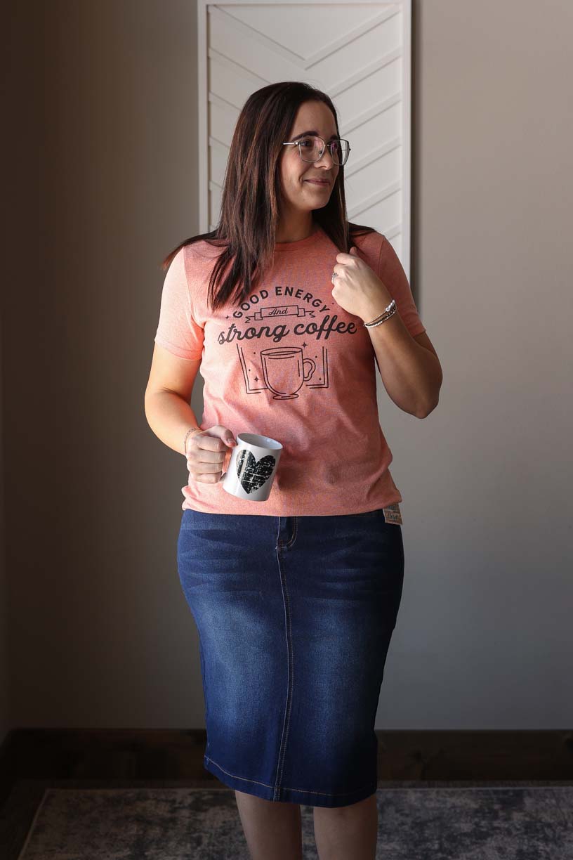 Heather Sunset "Good Energy Strong Coffee" Tee