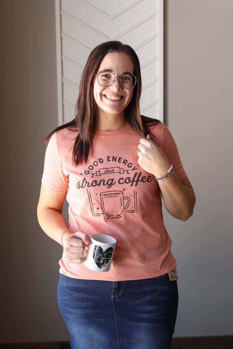 Heather Sunset "Good Energy Strong Coffee" Tee