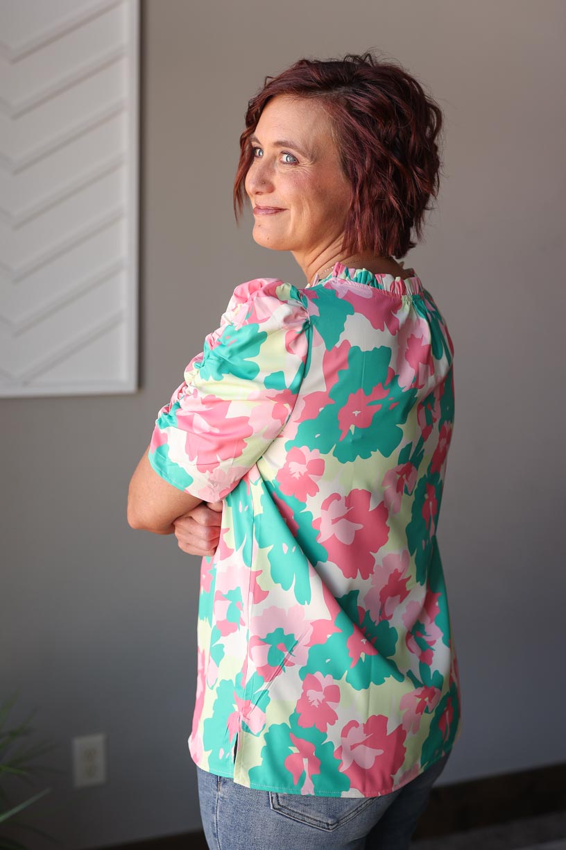 Green Abstract Frilly Neck Top