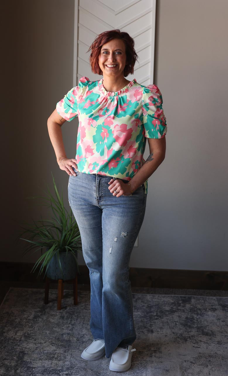 Green Abstract Frilly Neck Top