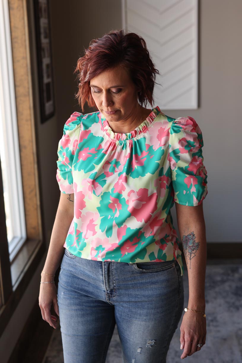 Green Abstract Frilly Neck Top