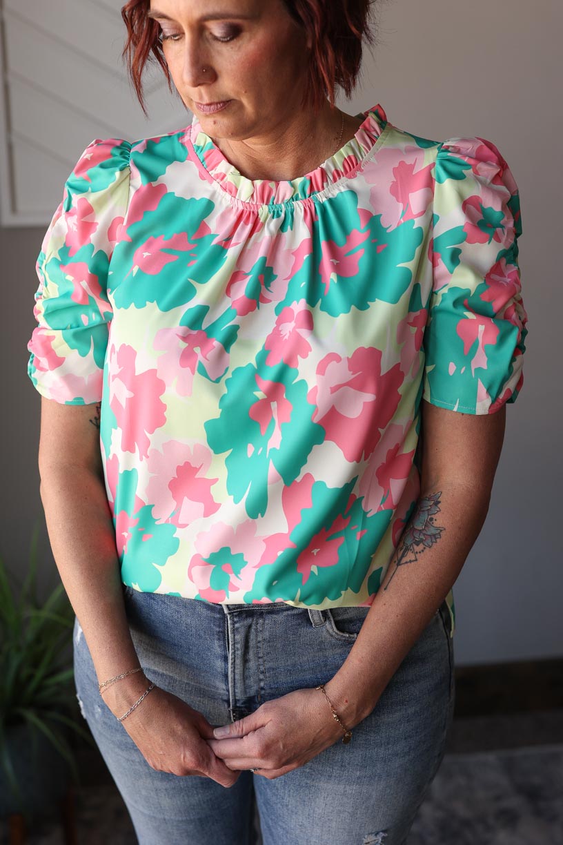 Green Abstract Frilly Neck Top