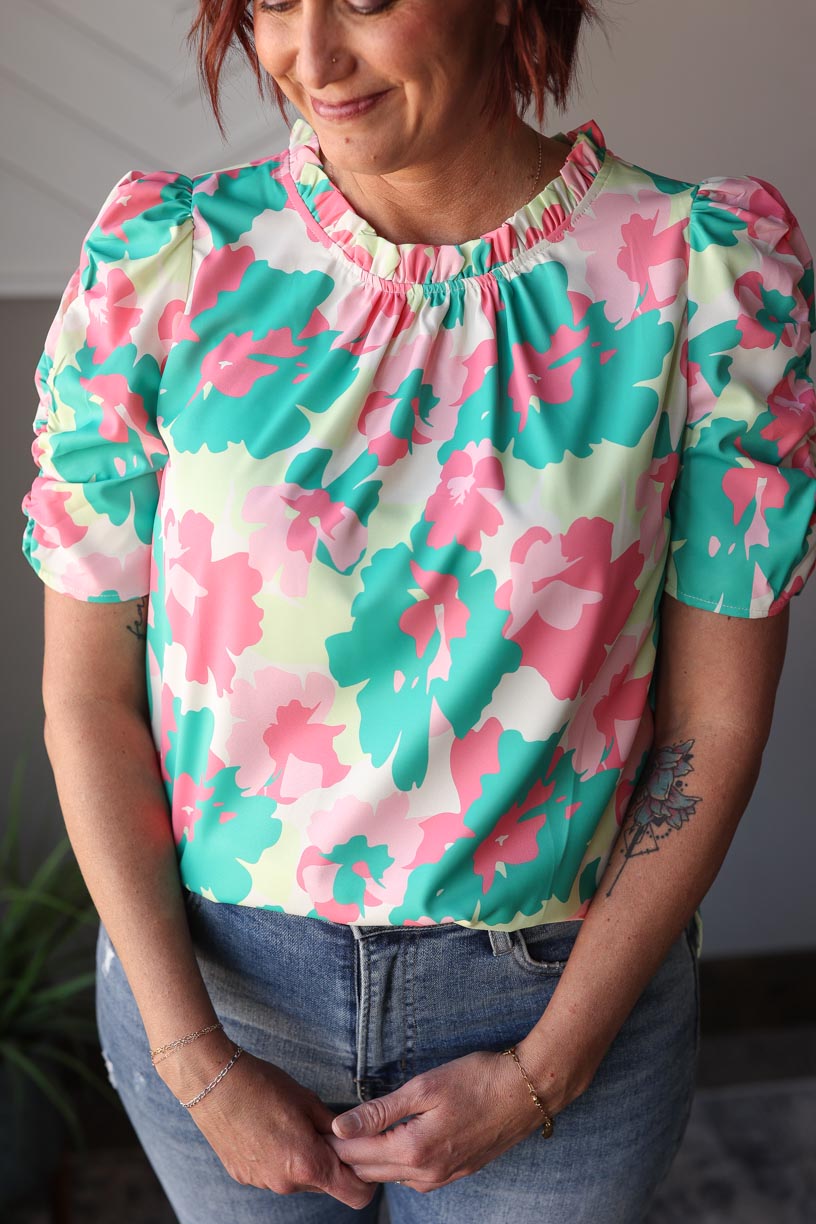 Green Abstract Frilly Neck Top