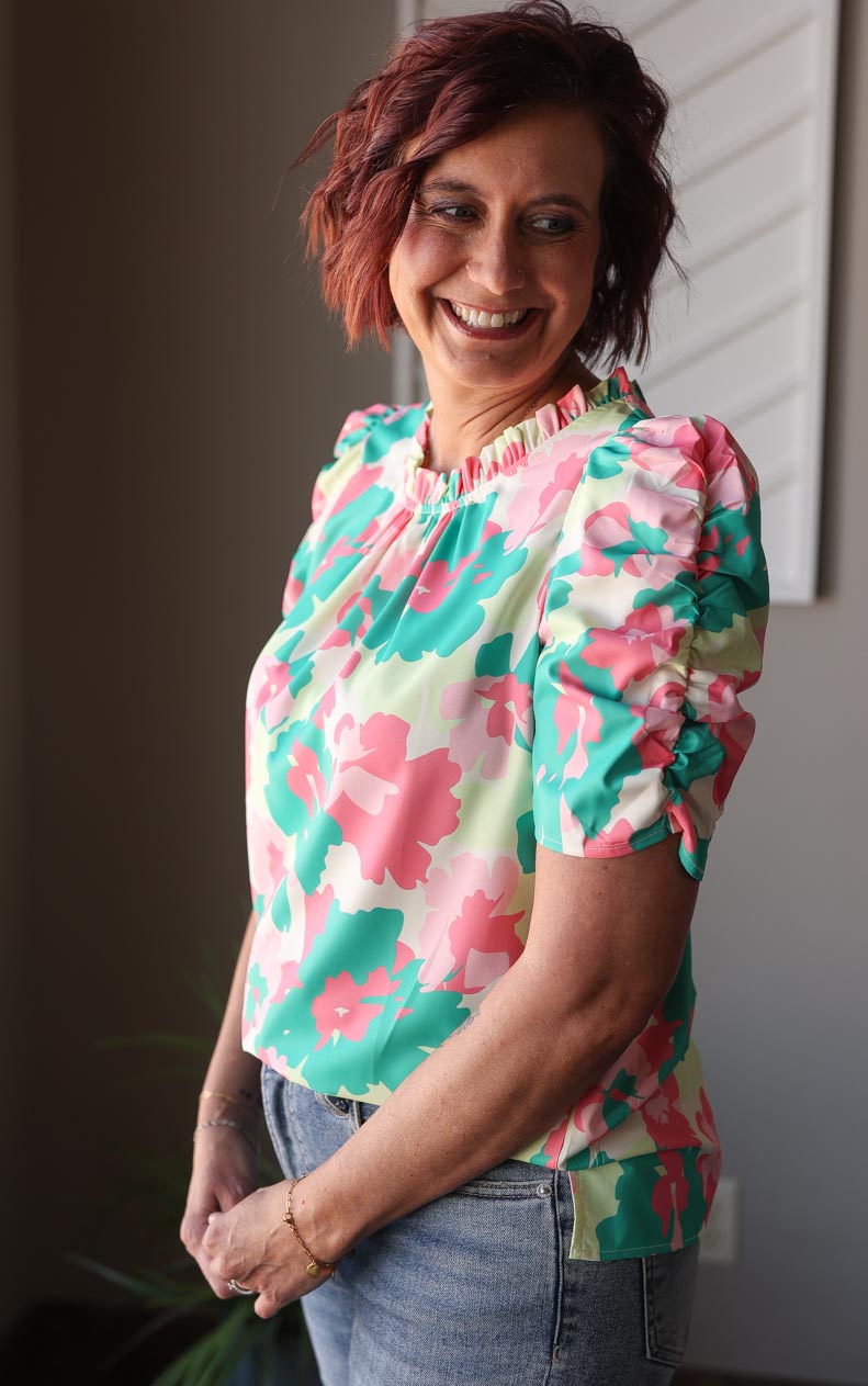 Green Abstract Frilly Neck Top