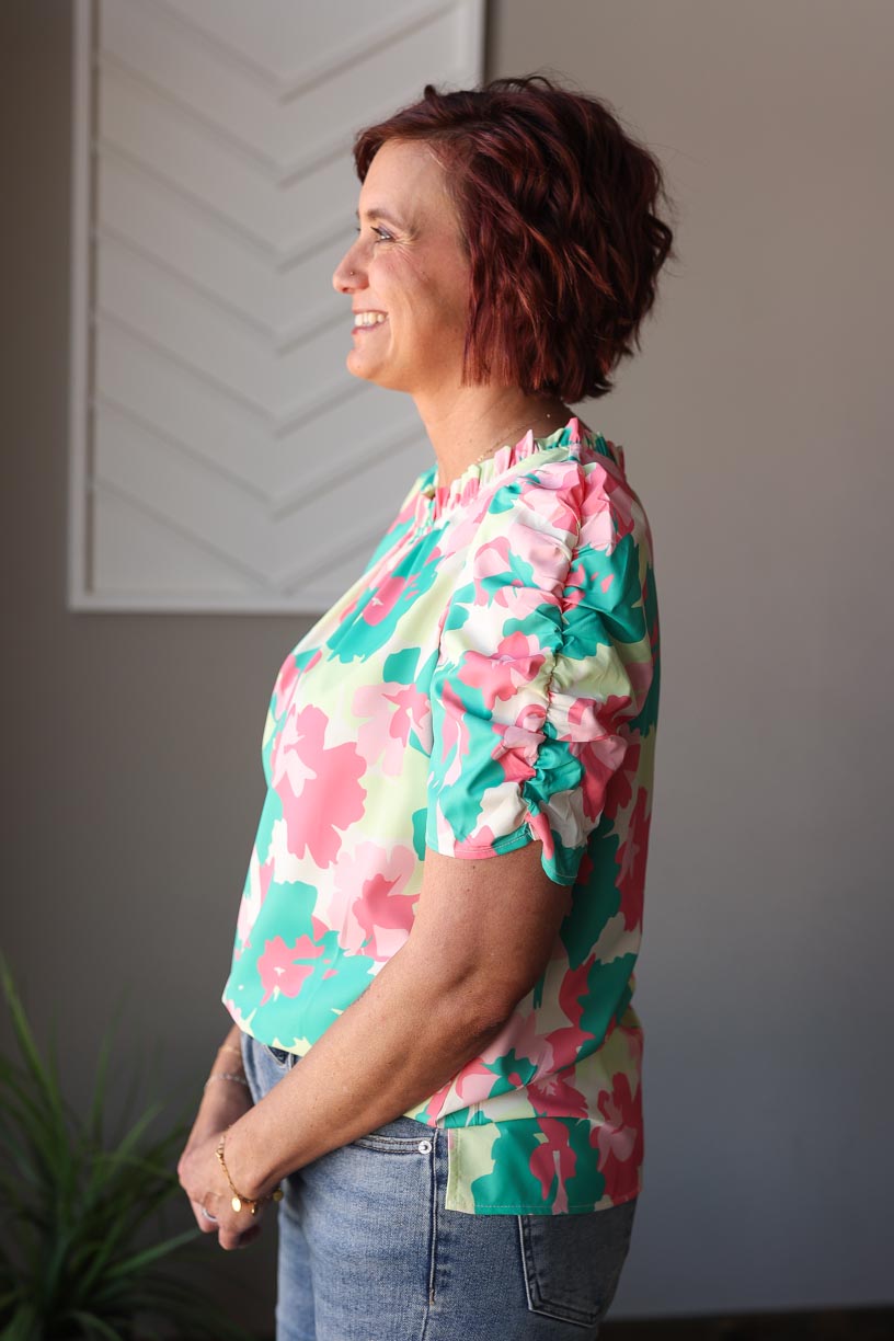 Green Abstract Frilly Neck Top