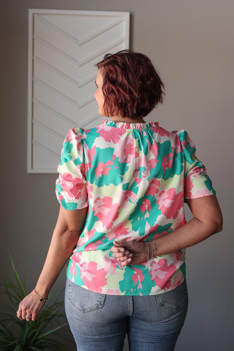 Green Abstract Frilly Neck Top