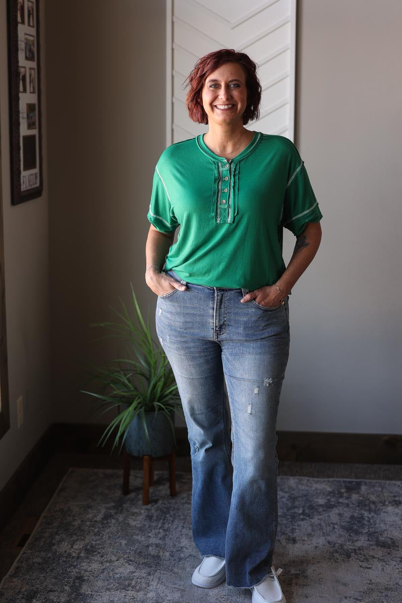 Kelly Green Contrast Stitching Henley Top, S-3XL PLUS