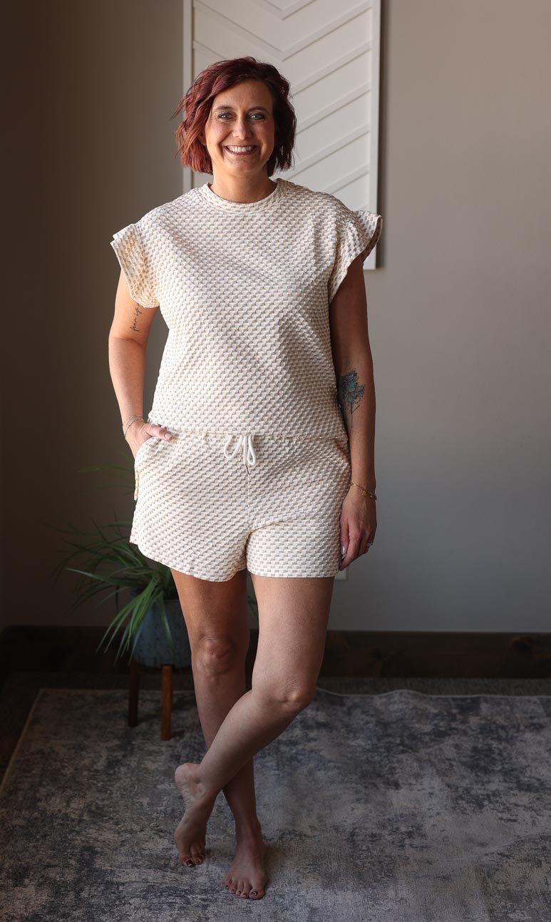 Khaki Textured Ruffle Sleeve Short Set