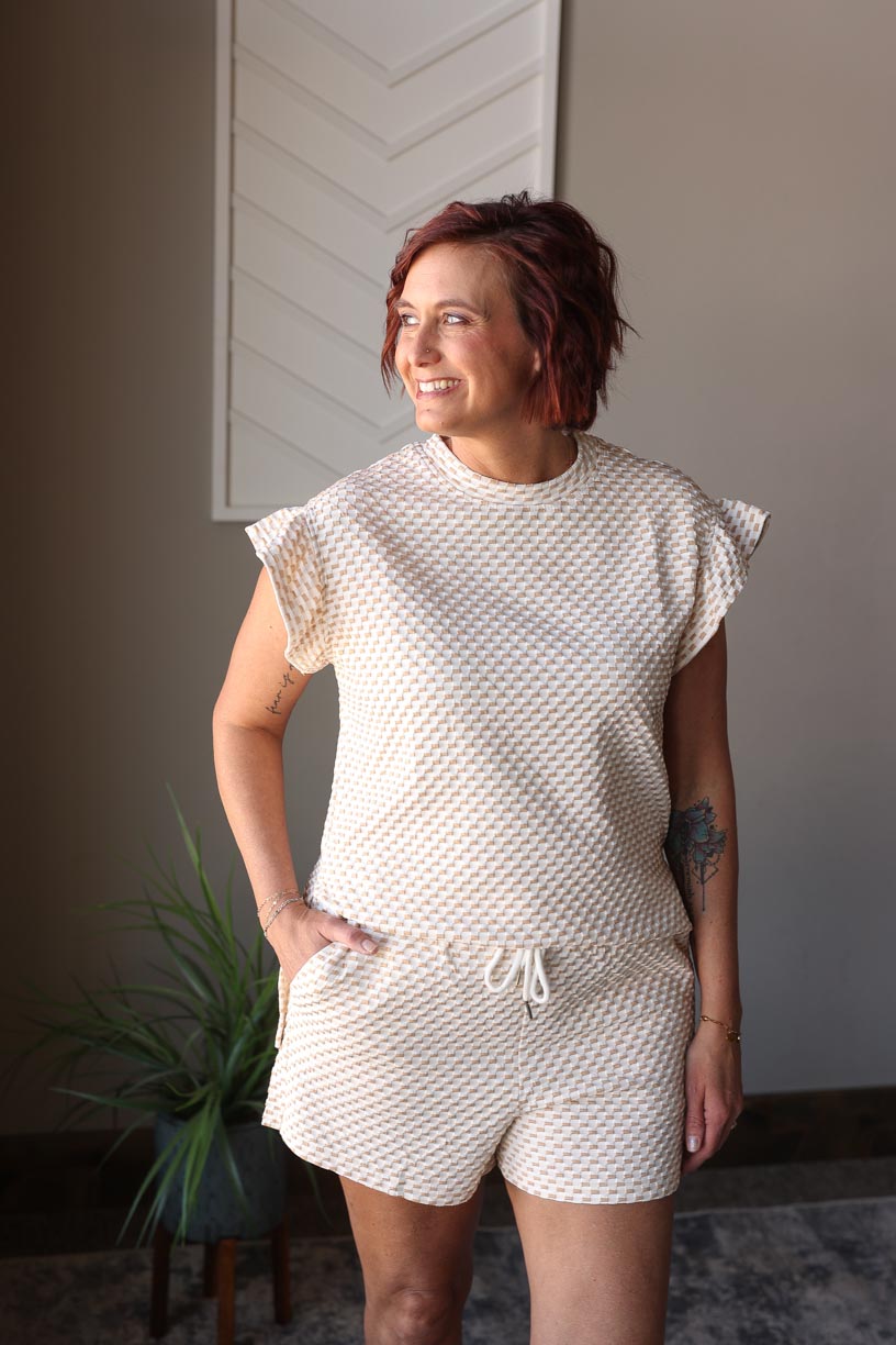 Khaki Textured Ruffle Sleeve Short Set