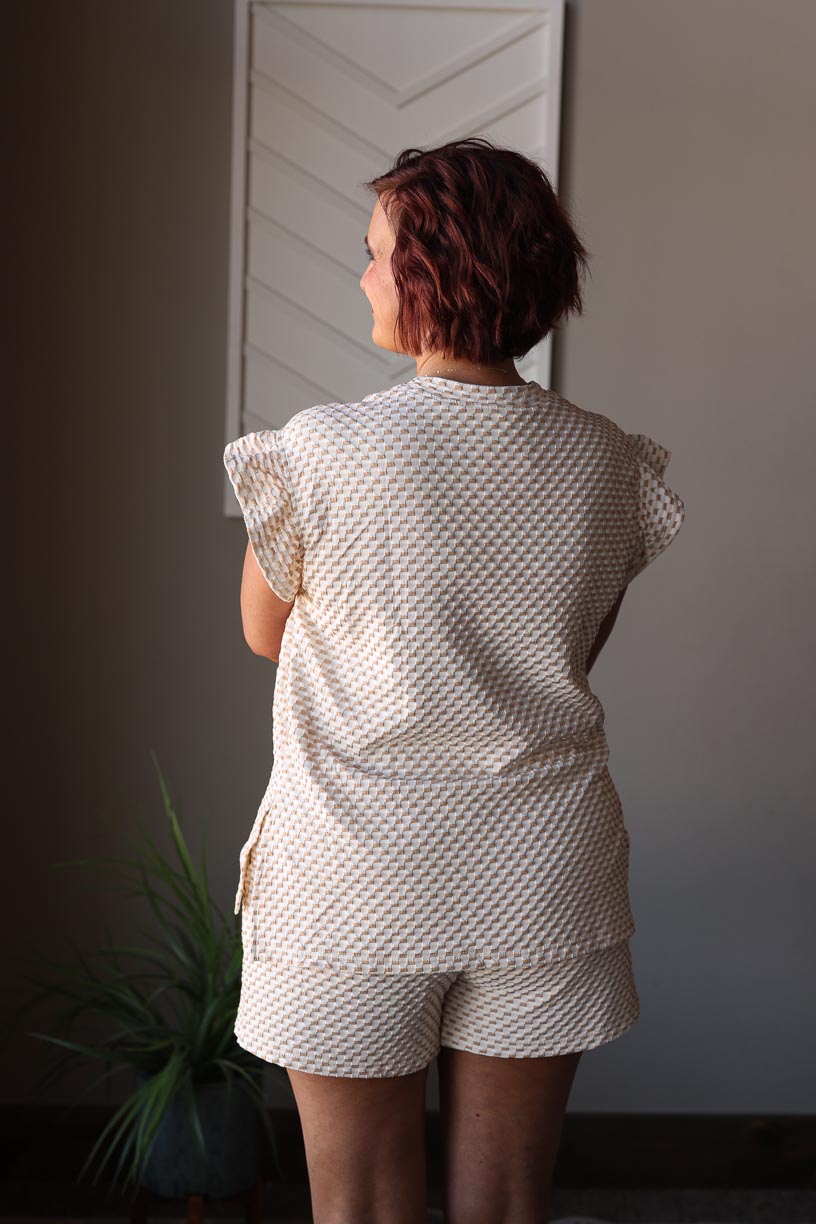 Khaki Textured Ruffle Sleeve Short Set