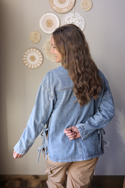 Multi Patch Pocket Side Tie Boyfriend Denim Jacket; S-2XL PLUS