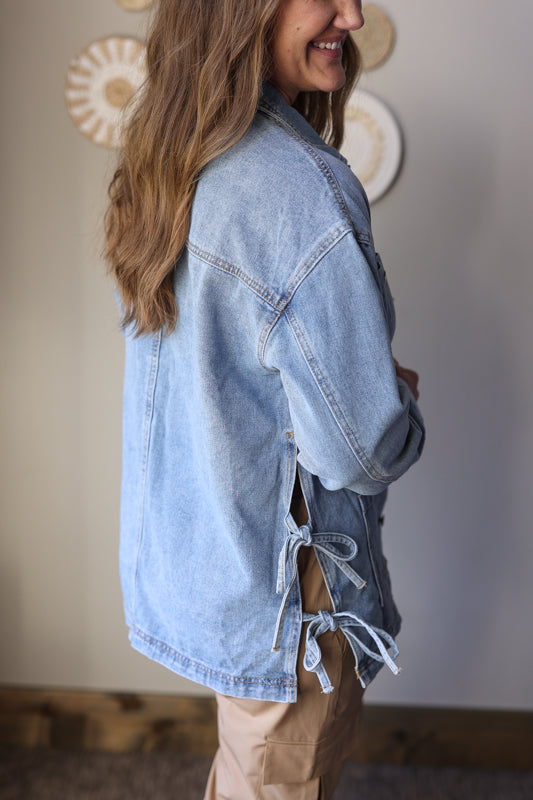 Multi Patch Pocket Side Tie Boyfriend Denim Jacket; S-2XL PLUS