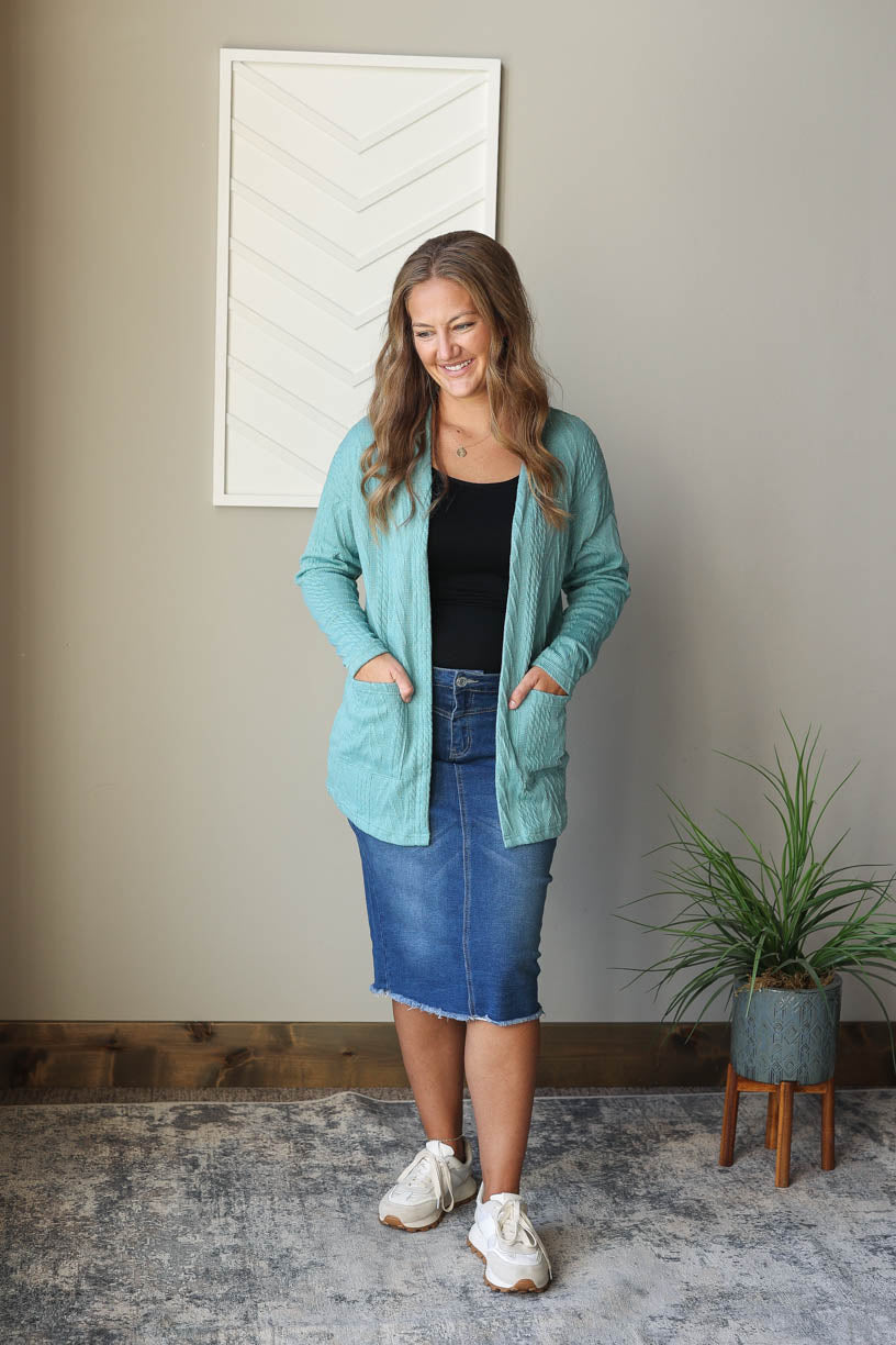 Blue Green Textured Open Front Cardigan