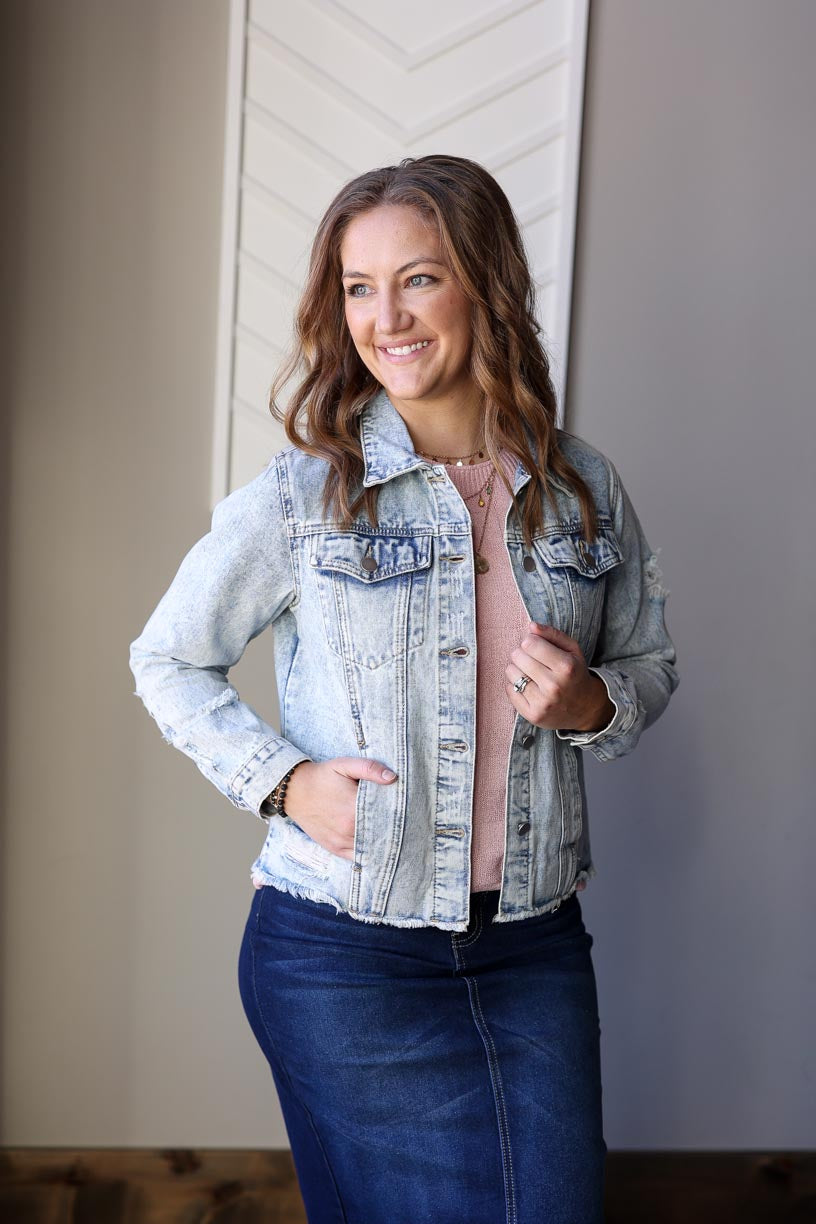 Sky Blue Distressed Denim Jacket, S or 2XL PLUS