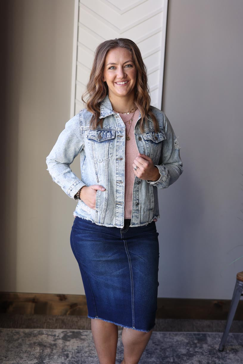 Sky Blue Distressed Denim Jacket, S or 2XL PLUS
