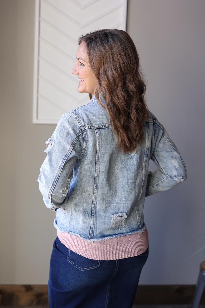 Sky Blue Distressed Denim Jacket, S or 2XL PLUS
