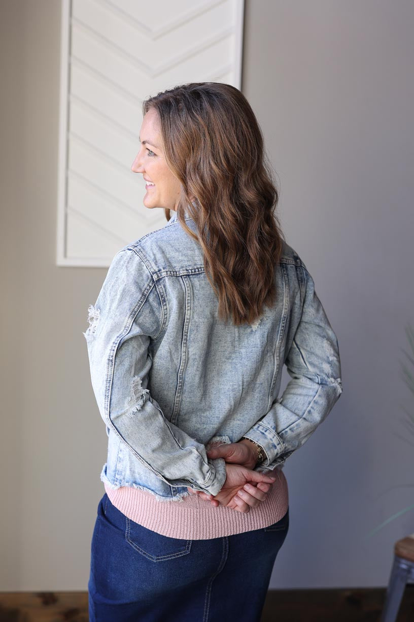 Sky Blue Distressed Denim Jacket, S or 2XL PLUS