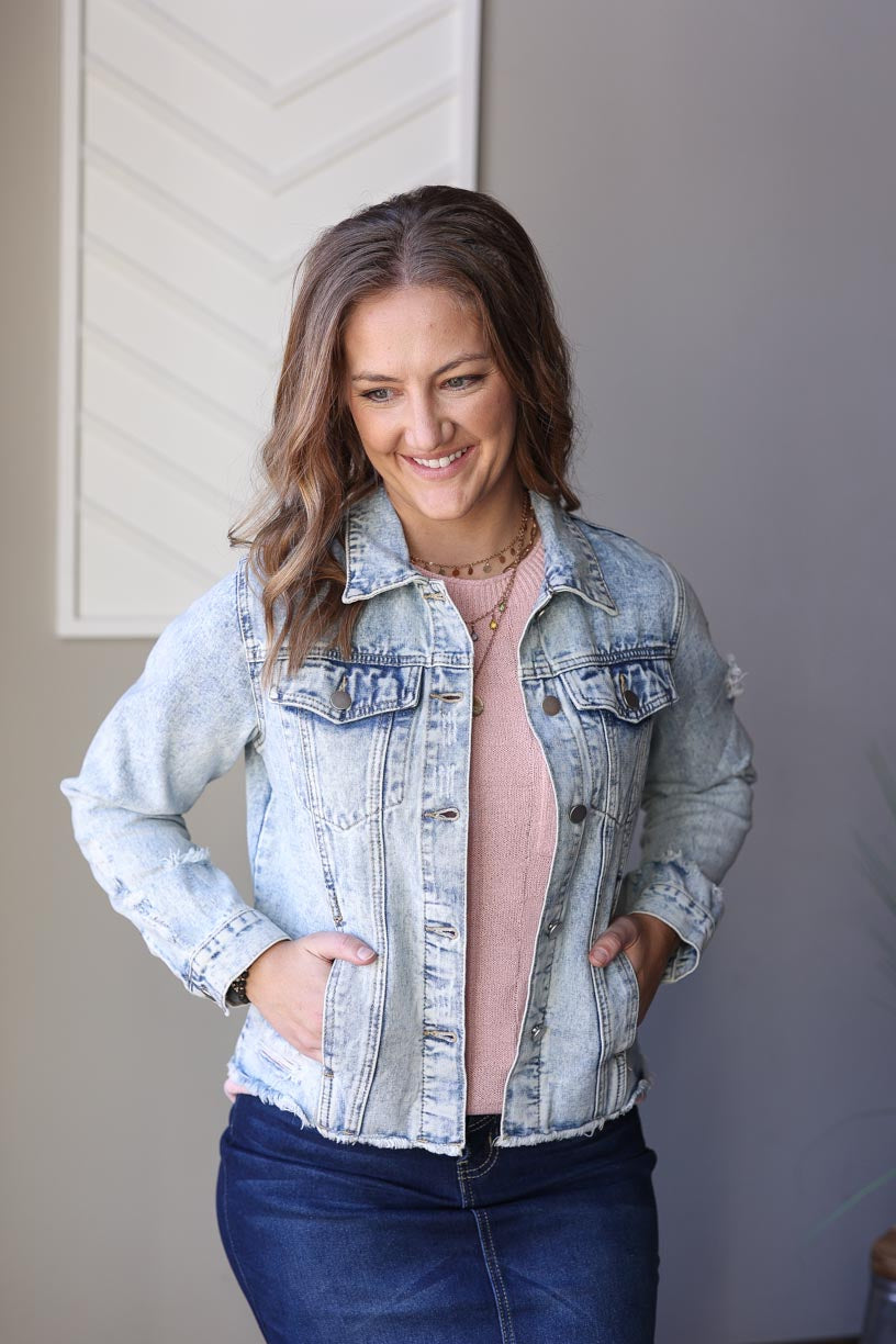 Sky Blue Distressed Denim Jacket, S or 2XL PLUS