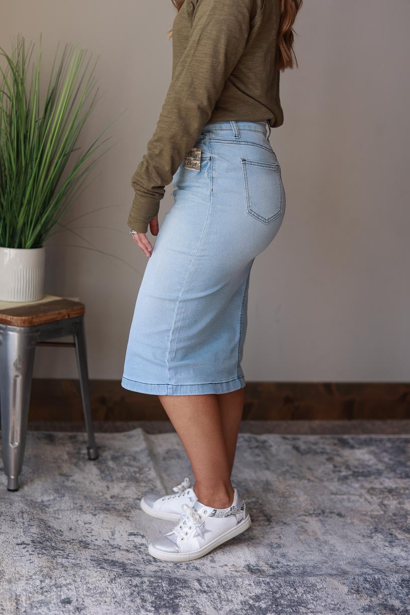 Light Wash Solid Midi Denim Skirt | Women's Modest Fashion  at Classy Closet Online Women's Clothing Boutique Near Me