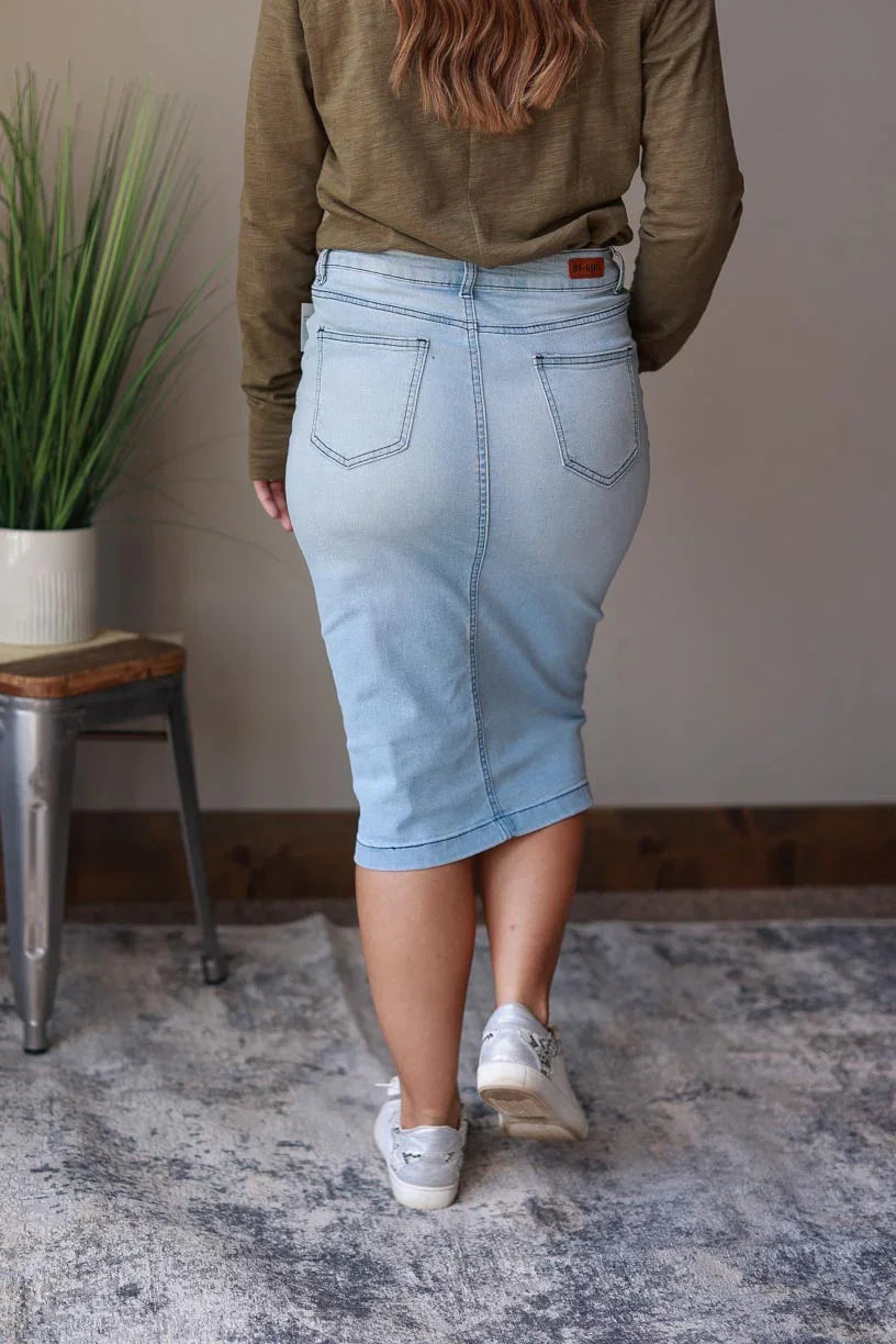 Light Wash Solid Midi Denim Skirt | Women's Modest Fashion at Classy Closet Online Women's Clothing Boutique Near Me