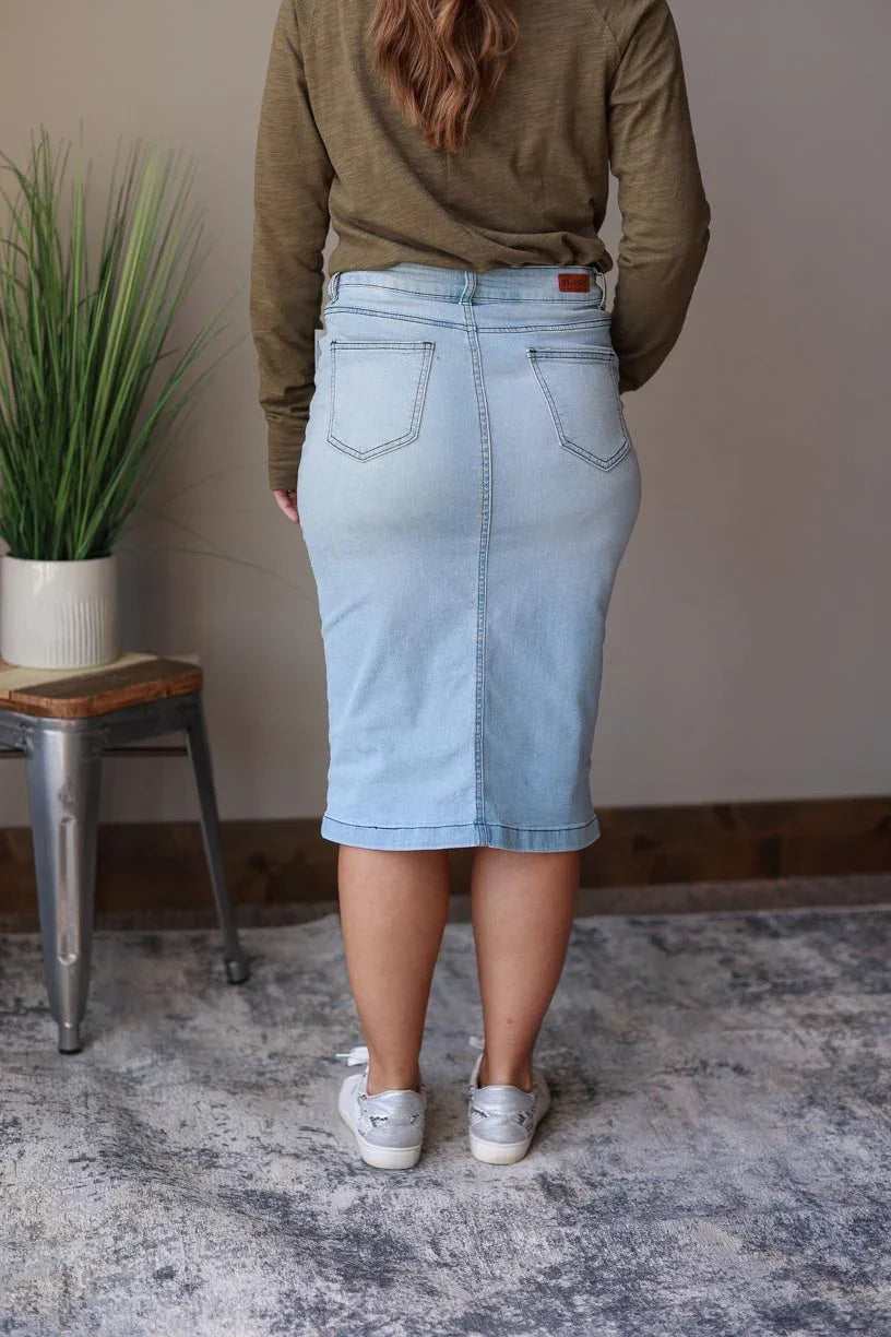 Light Wash Solid Midi Denim Skirt | Women's Modest Fashion at Classy Closet Online Women's Clothing Boutique Near Me
