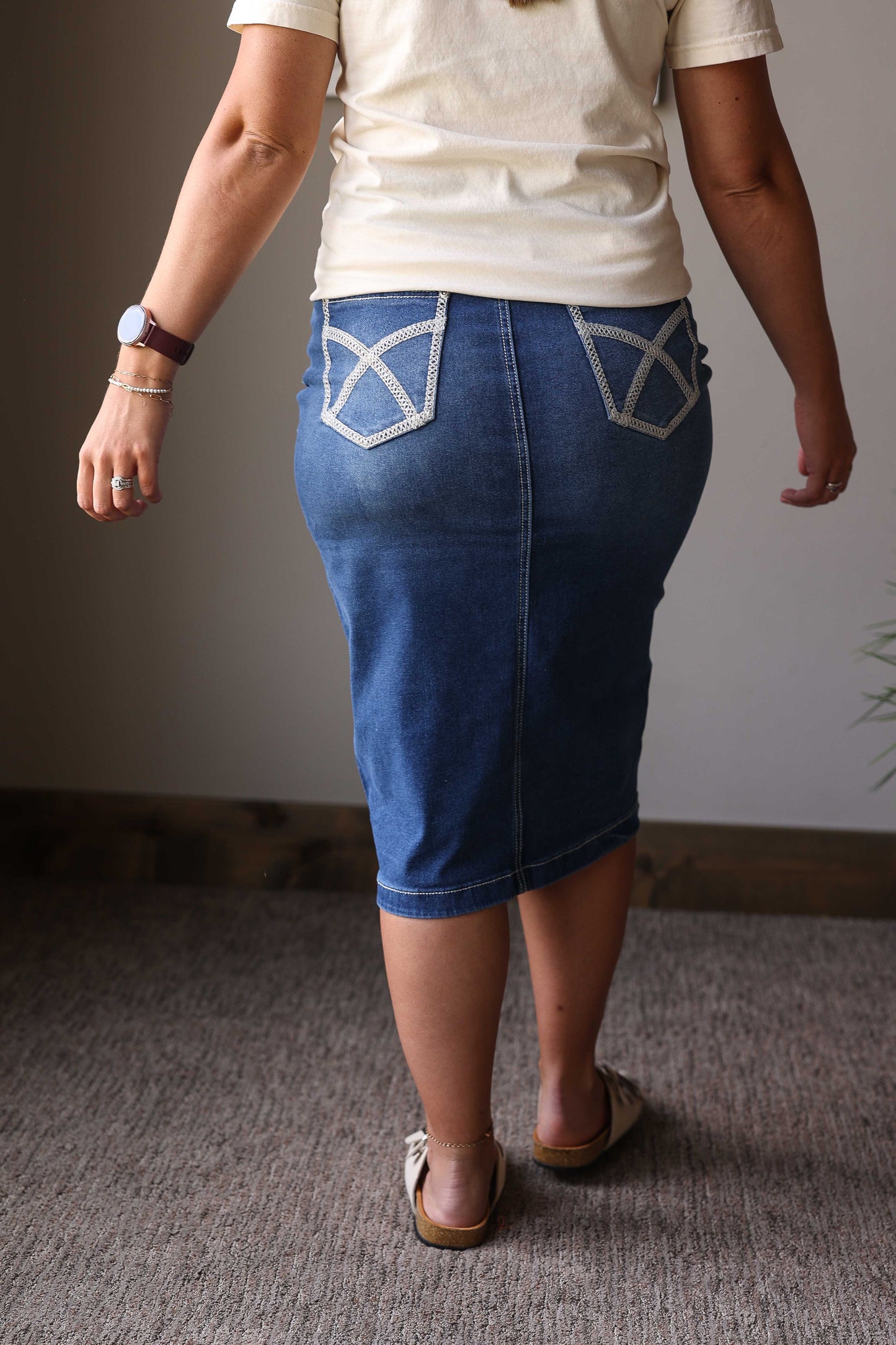 Medium Wash Heavy Stitching Stretch Denim Skirt