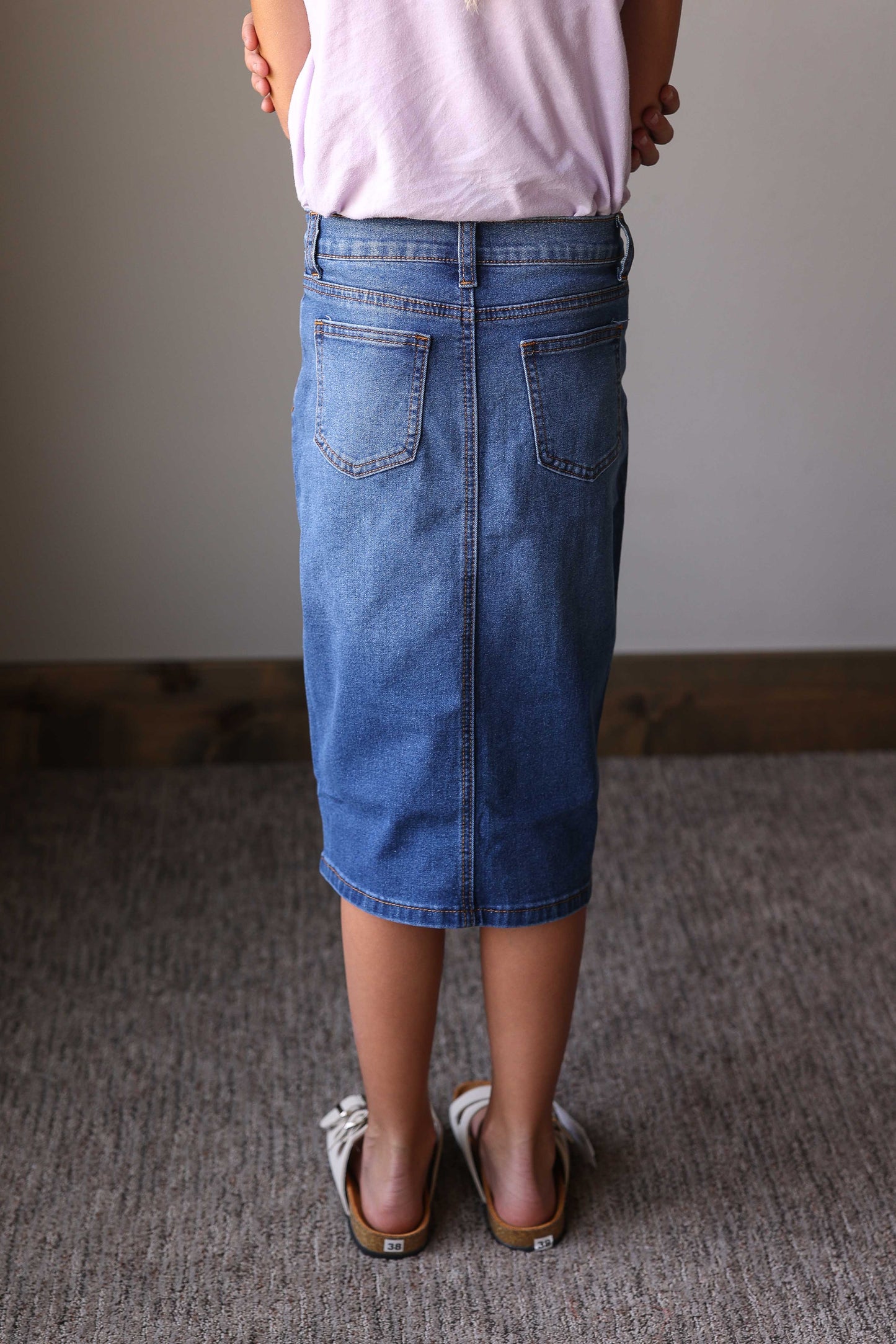 Girls Medium Wash Midi Denim Skirt with Adjustable Waist